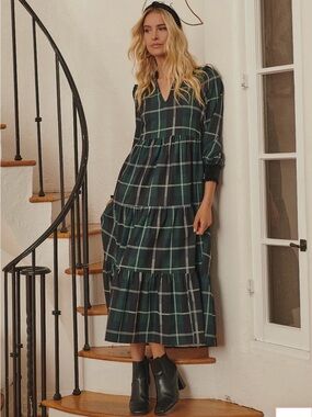 Sugarlips Sweet Beyond Plaid Sherril Long Sleeve Maxi Dress Tiered Green S NWT